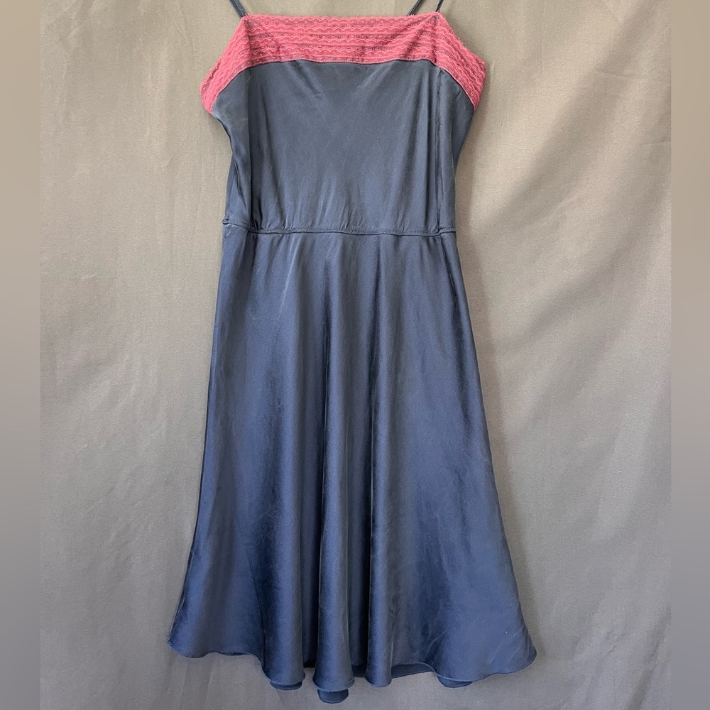 Medium Dark Blue Free People Silk Slip With Pink Lace Details